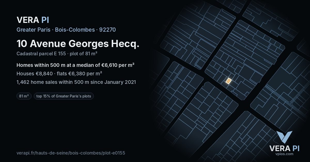 10 Avenue Georges Hecq, Bois-Colombes at night – the plot lit, the parcels around coloured by the prices near them
