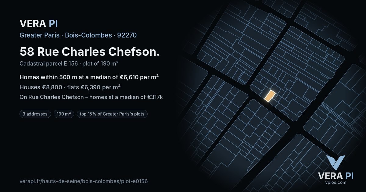58 Rue Charles Chefson, Bois-Colombes at night – the plot lit, the parcels around coloured by the prices near them