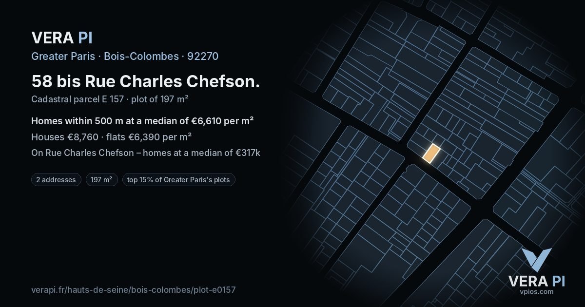 58 bis Rue Charles Chefson, Bois-Colombes at night – the plot lit, the parcels around coloured by the prices near them