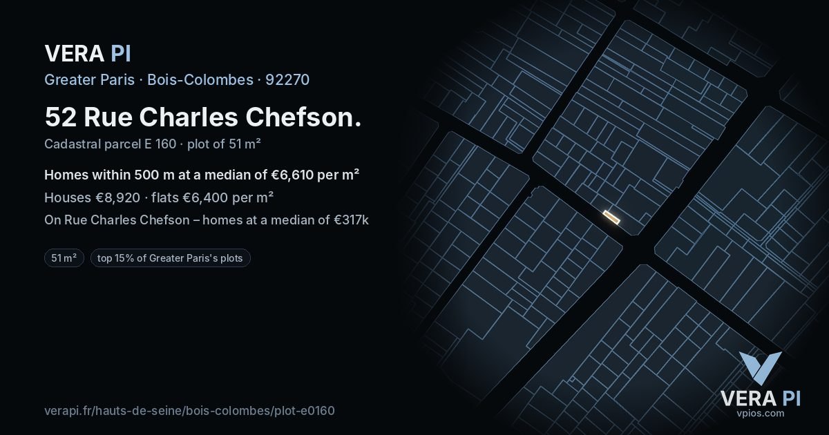 52 Rue Charles Chefson, Bois-Colombes at night – the plot lit, the parcels around coloured by the prices near them