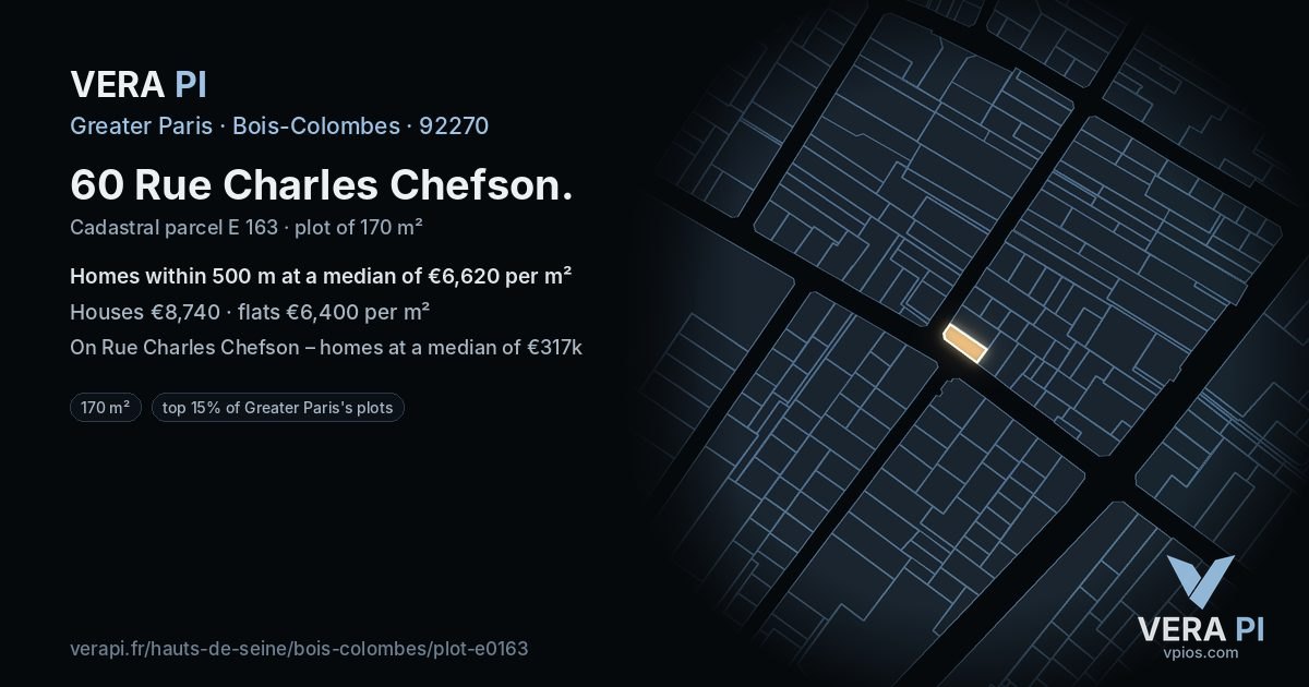60 Rue Charles Chefson, Bois-Colombes at night – the plot lit, the parcels around coloured by the prices near them