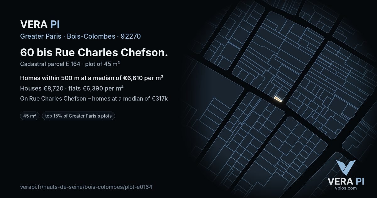 60 bis Rue Charles Chefson, Bois-Colombes at night – the plot lit, the parcels around coloured by the prices near them