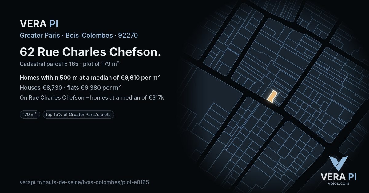 62 Rue Charles Chefson, Bois-Colombes at night – the plot lit, the parcels around coloured by the prices near them