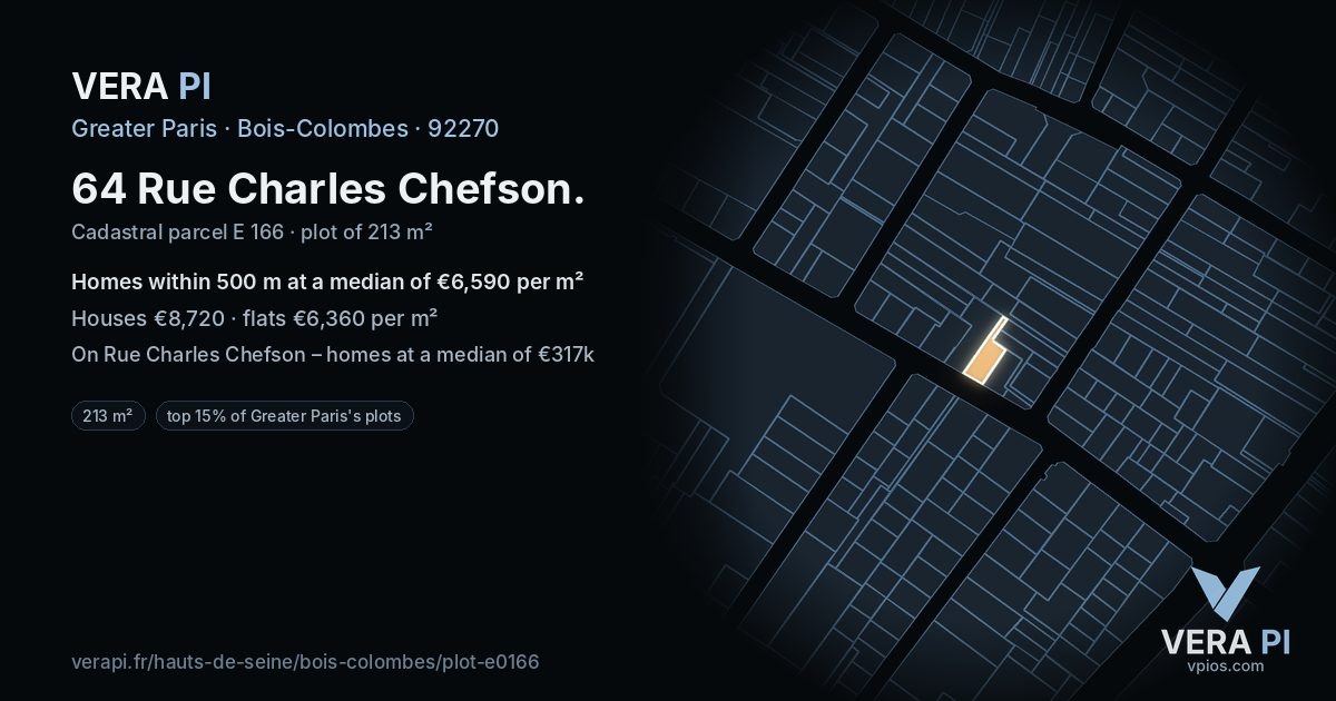 64 Rue Charles Chefson, Bois-Colombes at night – the plot lit, the parcels around coloured by the prices near them