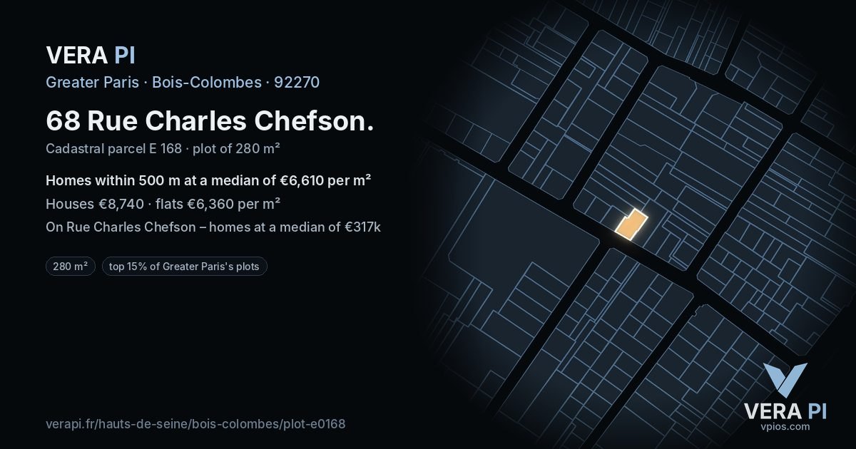 68 Rue Charles Chefson, Bois-Colombes at night – the plot lit, the parcels around coloured by the prices near them