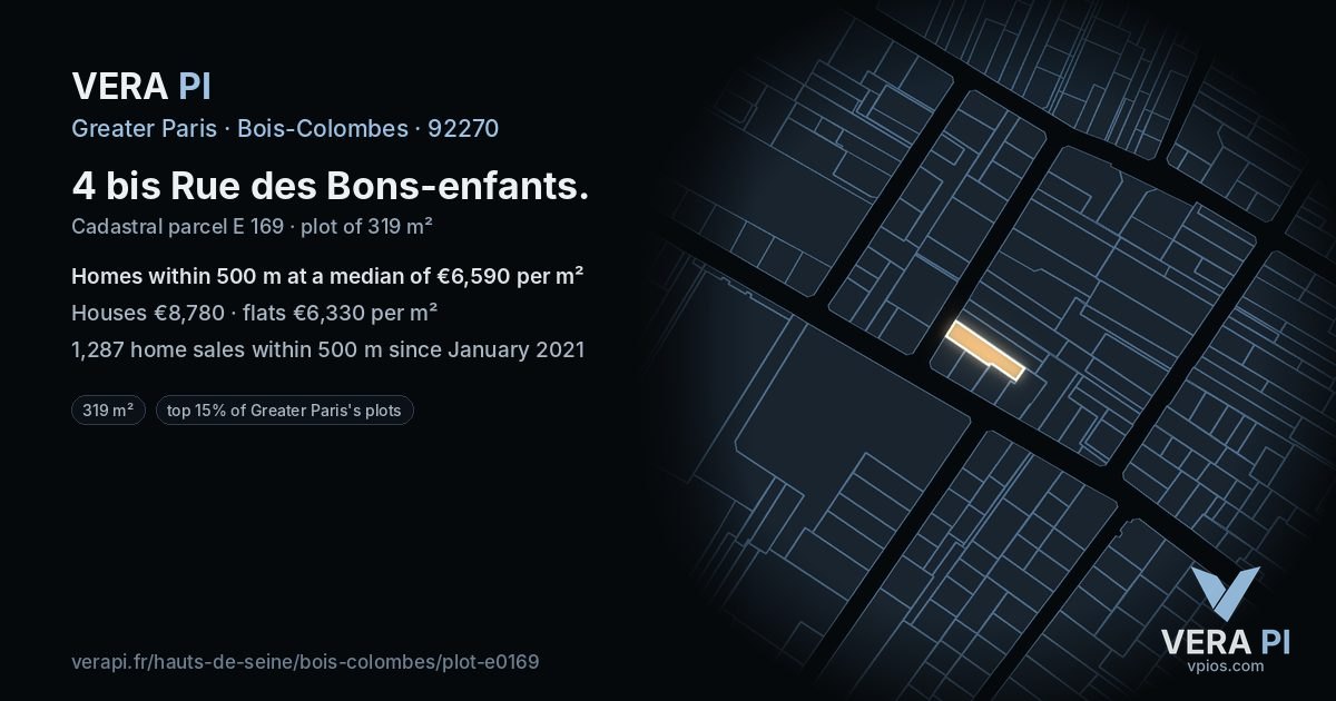 4 bis Rue des Bons-enfants, Bois-Colombes at night – the plot lit, the parcels around coloured by the prices near them