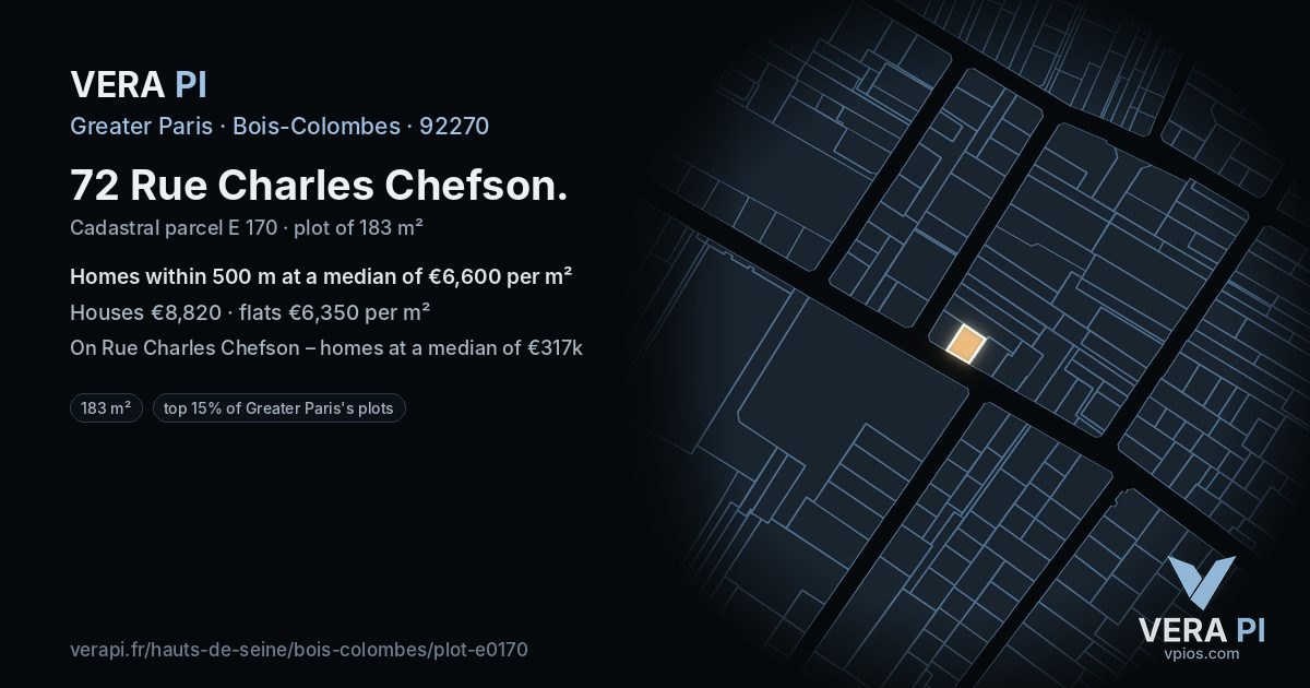 72 Rue Charles Chefson, Bois-Colombes at night – the plot lit, the parcels around coloured by the prices near them