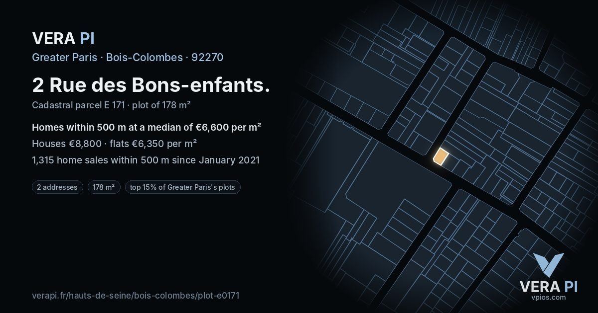 2 Rue des Bons-enfants, Bois-Colombes at night – the plot lit, the parcels around coloured by the prices near them