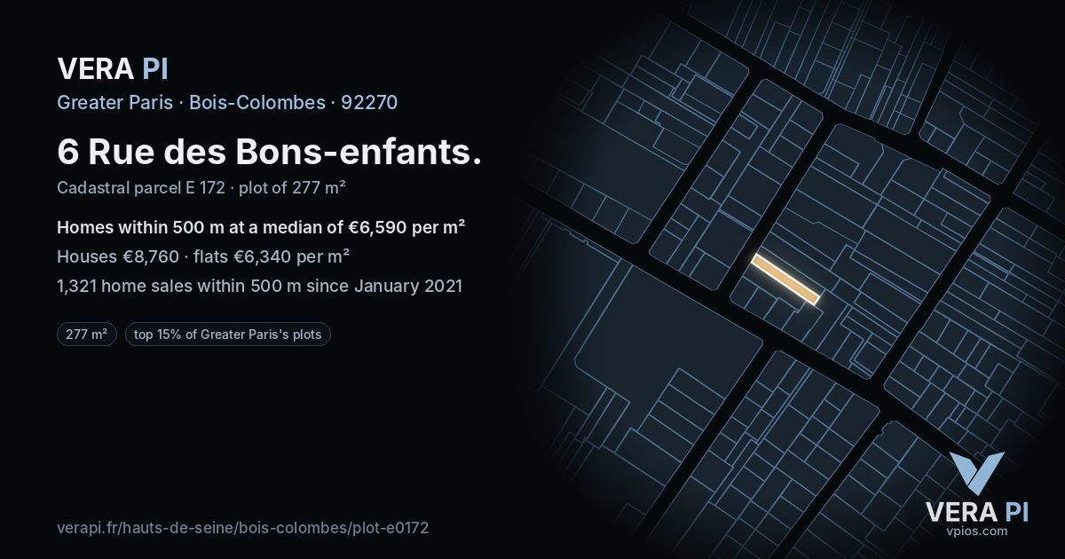 6 Rue des Bons-enfants, Bois-Colombes at night – the plot lit, the parcels around coloured by the prices near them