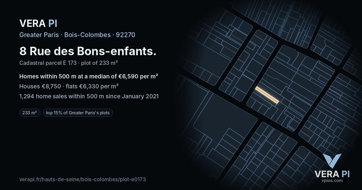 8 Rue des Bons-enfants, Bois-Colombes at night – the plot lit, the parcels around coloured by the prices near them
