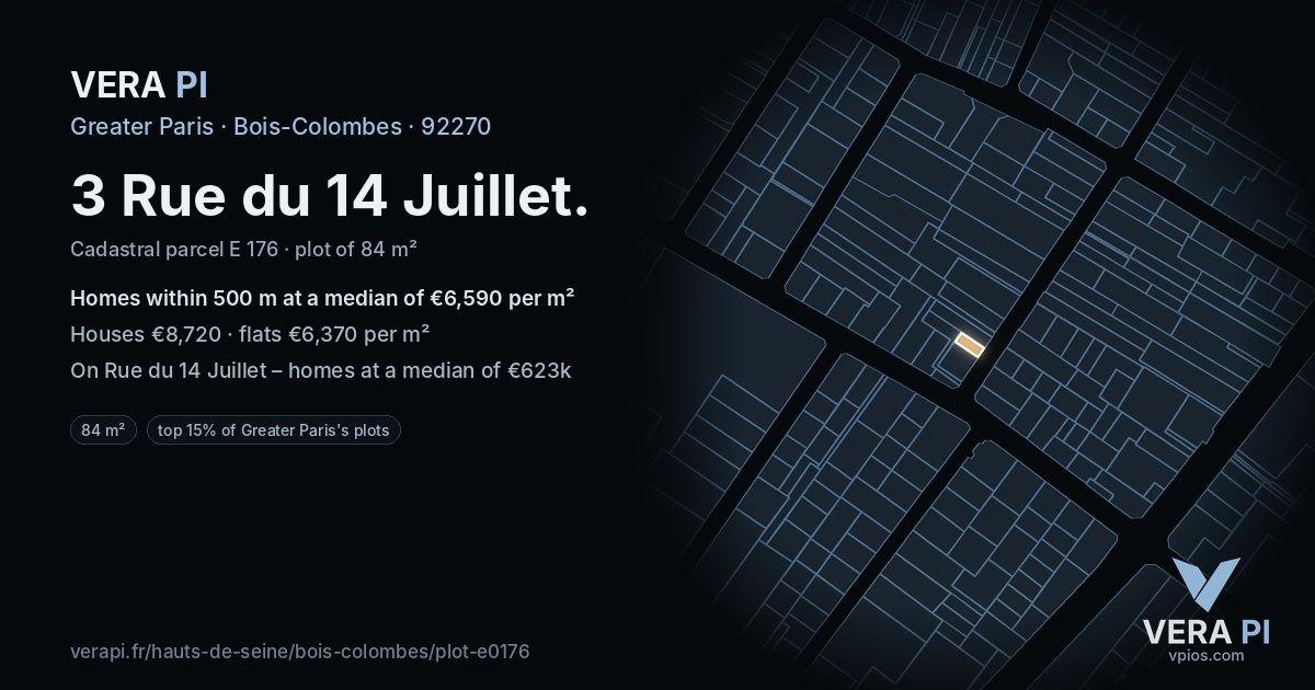 3 Rue du 14 Juillet, Bois-Colombes at night – the plot lit, the parcels around coloured by the prices near them