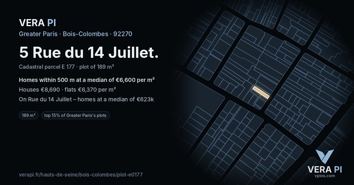 5 Rue du 14 Juillet, Bois-Colombes at night – the plot lit, the parcels around coloured by the prices near them