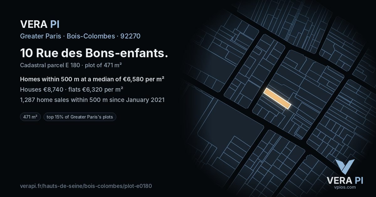10 Rue des Bons-enfants, Bois-Colombes at night – the plot lit, the parcels around coloured by the prices near them