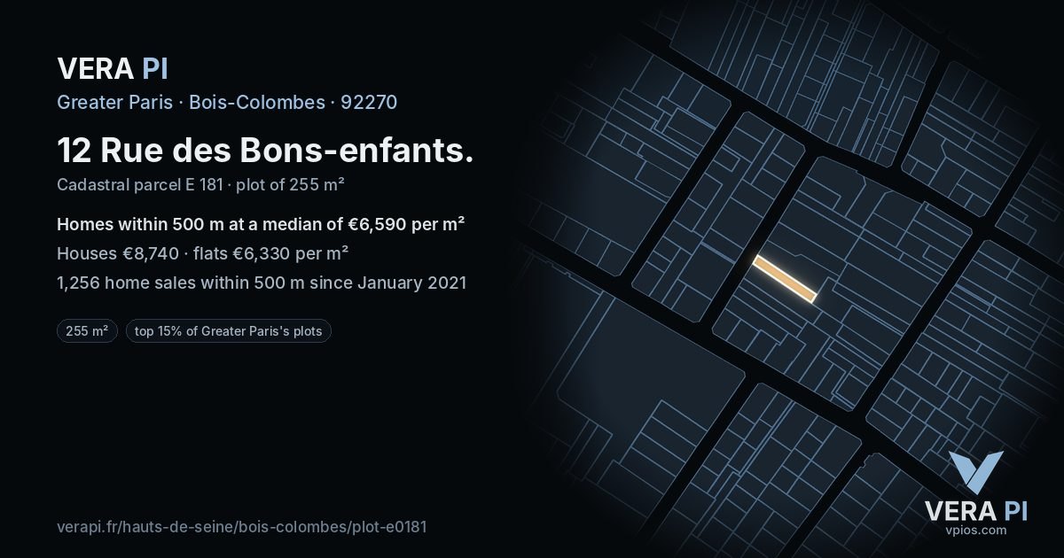 12 Rue des Bons-enfants, Bois-Colombes at night – the plot lit, the parcels around coloured by the prices near them