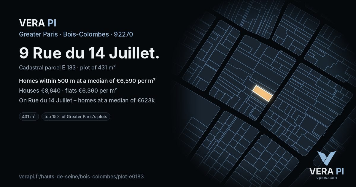 9 Rue du 14 Juillet, Bois-Colombes at night – the plot lit, the parcels around coloured by the prices near them