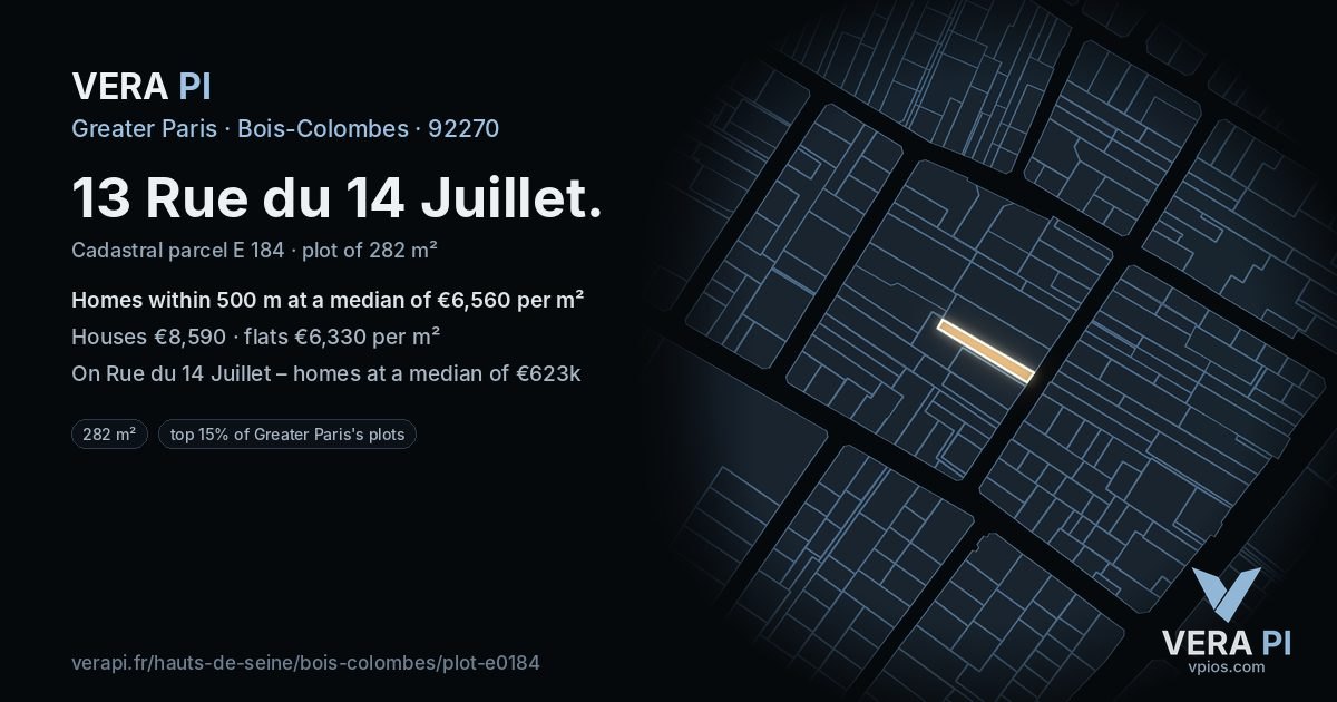 13 Rue du 14 Juillet, Bois-Colombes at night – the plot lit, the parcels around coloured by the prices near them