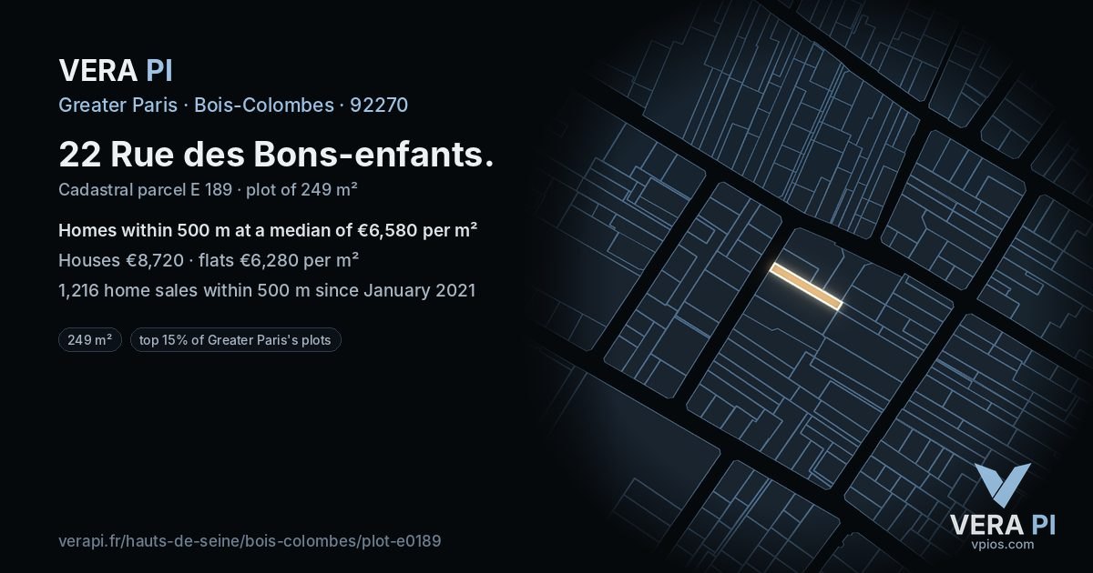 22 Rue des Bons-enfants, Bois-Colombes at night – the plot lit, the parcels around coloured by the prices near them