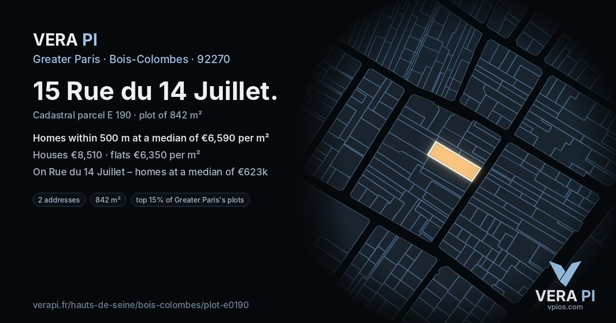 15 Rue du 14 Juillet, Bois-Colombes at night – the plot lit, the parcels around coloured by the prices near them