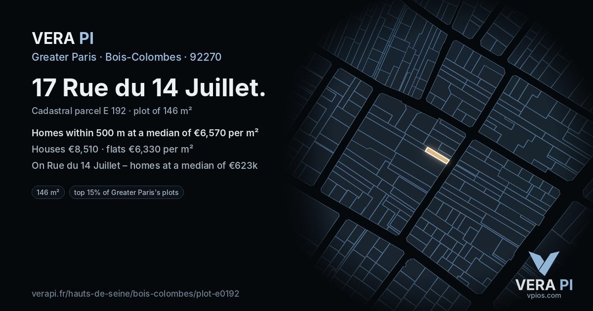 17 Rue du 14 Juillet, Bois-Colombes at night – the plot lit, the parcels around coloured by the prices near them