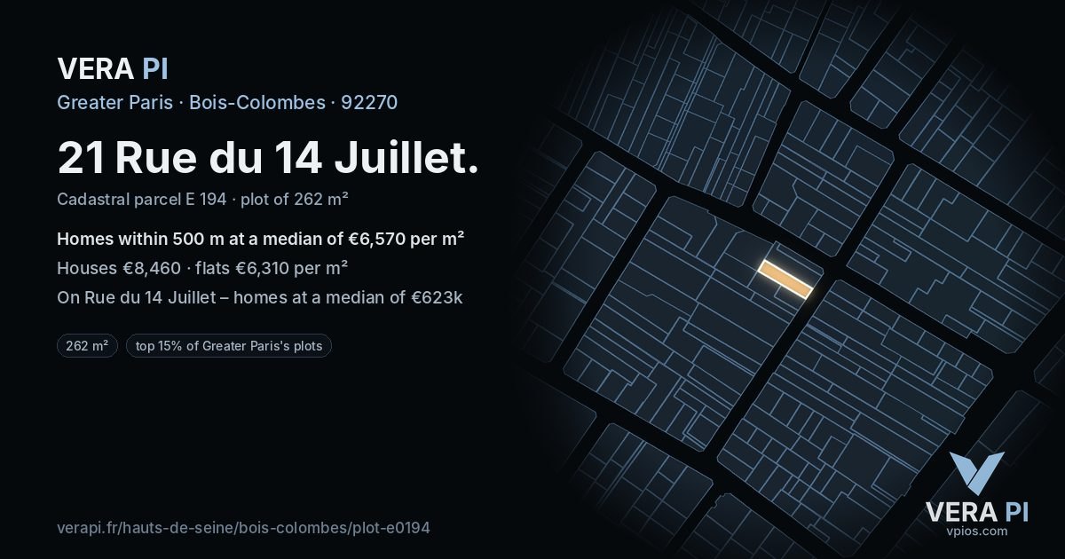 21 Rue du 14 Juillet, Bois-Colombes at night – the plot lit, the parcels around coloured by the prices near them