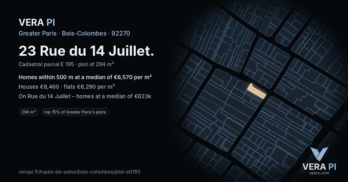 23 Rue du 14 Juillet, Bois-Colombes at night – the plot lit, the parcels around coloured by the prices near them