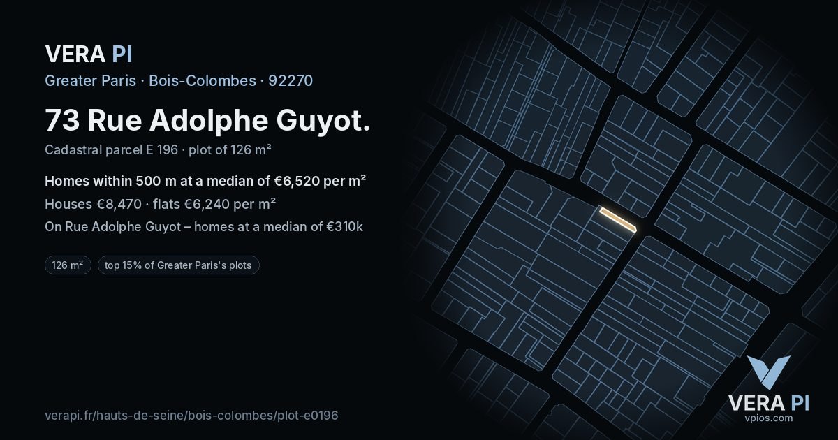 73 Rue Adolphe Guyot, Bois-Colombes at night – the plot lit, the parcels around coloured by the prices near them