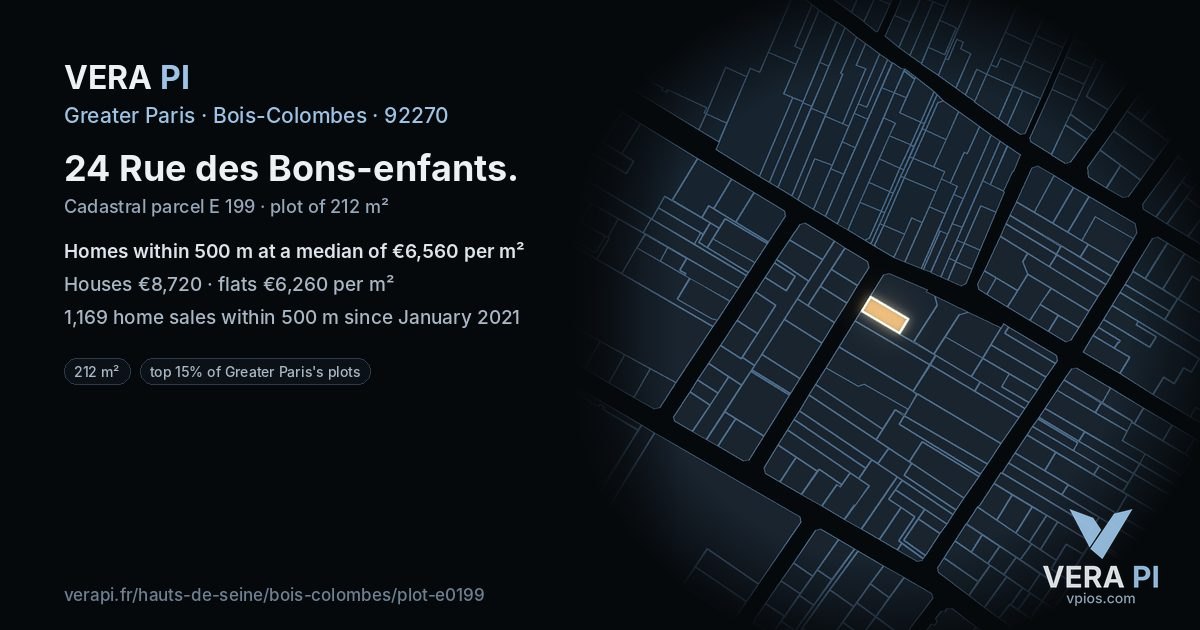 24 Rue des Bons-enfants, Bois-Colombes at night – the plot lit, the parcels around coloured by the prices near them