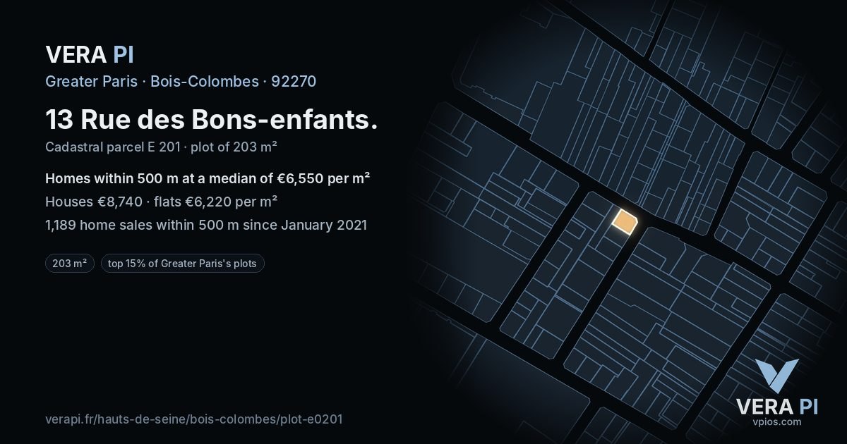 13 Rue des Bons-enfants, Bois-Colombes at night – the plot lit, the parcels around coloured by the prices near them