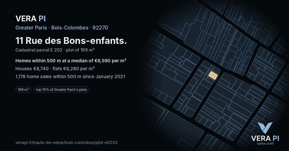 11 Rue des Bons-enfants, Bois-Colombes at night – the plot lit, the parcels around coloured by the prices near them