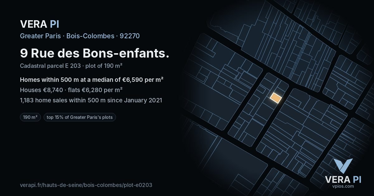 9 Rue des Bons-enfants, Bois-Colombes at night – the plot lit, the parcels around coloured by the prices near them