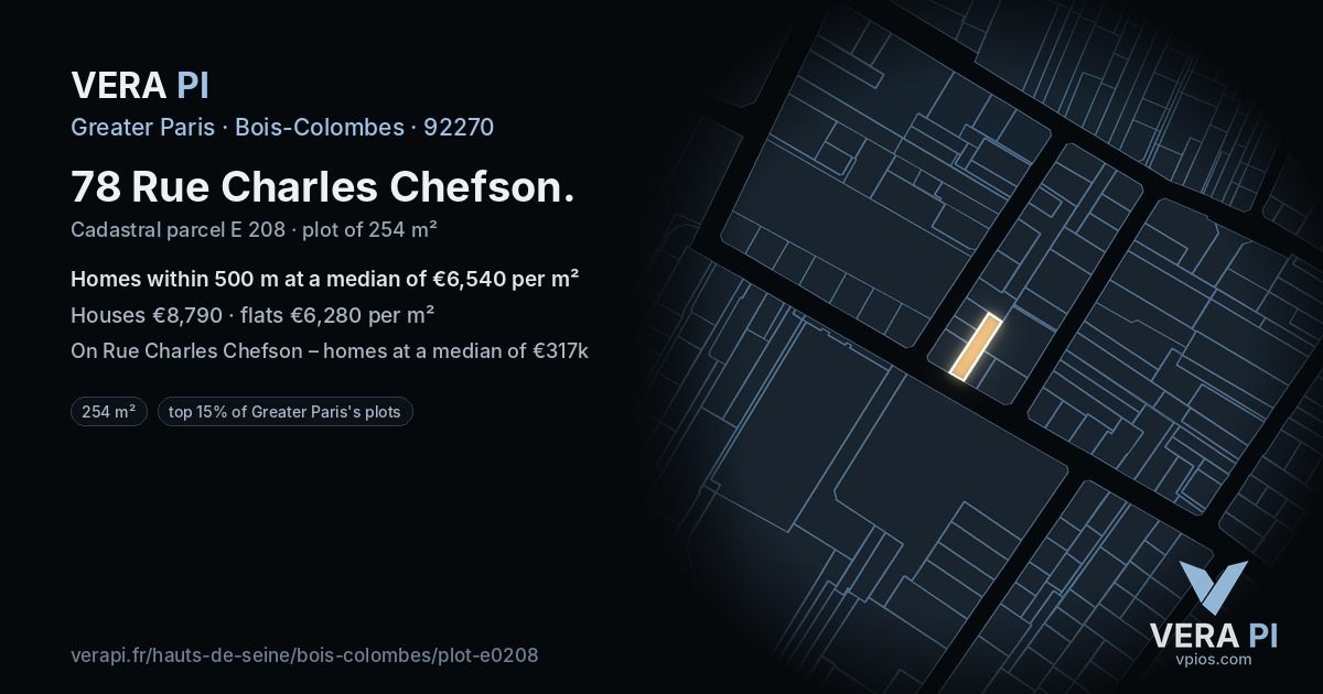 78 Rue Charles Chefson, Bois-Colombes at night – the plot lit, the parcels around coloured by the prices near them