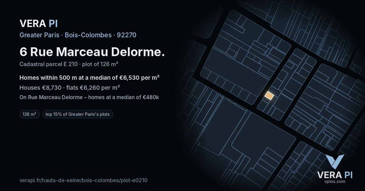 6 Rue Marceau Delorme, Bois-Colombes at night – the plot lit, the parcels around coloured by the prices near them