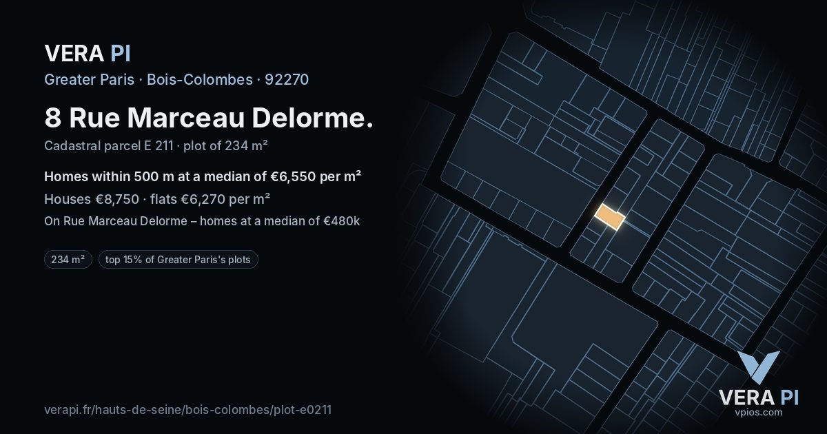 8 Rue Marceau Delorme, Bois-Colombes at night – the plot lit, the parcels around coloured by the prices near them