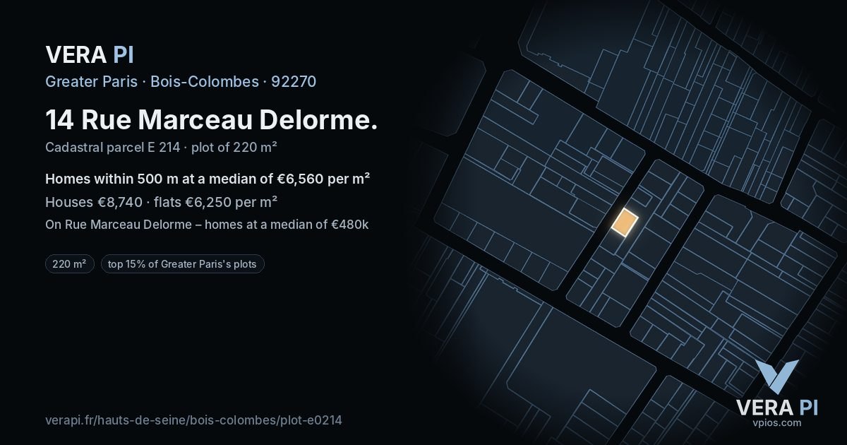 14 Rue Marceau Delorme, Bois-Colombes at night – the plot lit, the parcels around coloured by the prices near them