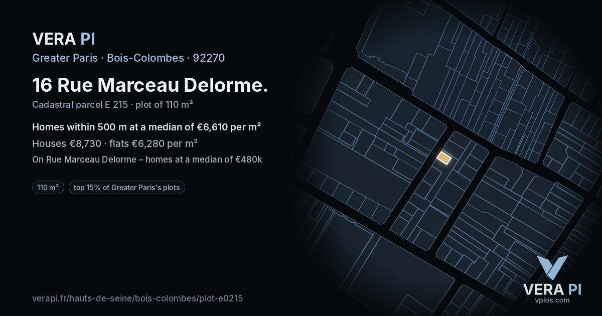 16 Rue Marceau Delorme, Bois-Colombes at night – the plot lit, the parcels around coloured by the prices near them