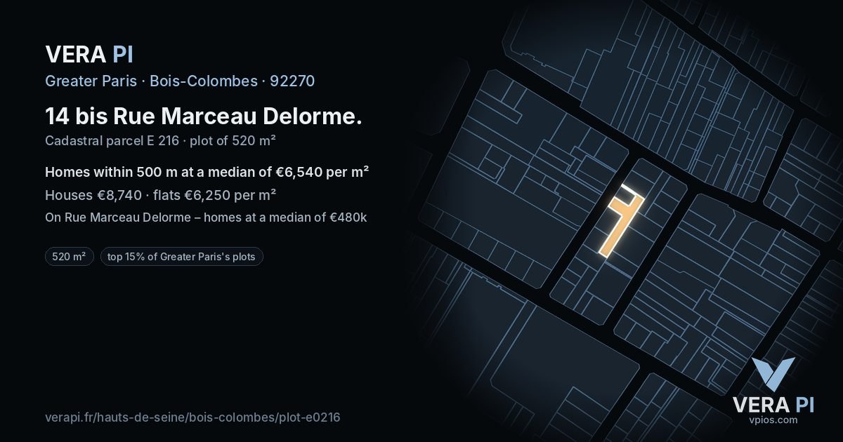 14 bis Rue Marceau Delorme, Bois-Colombes at night – the plot lit, the parcels around coloured by the prices near them