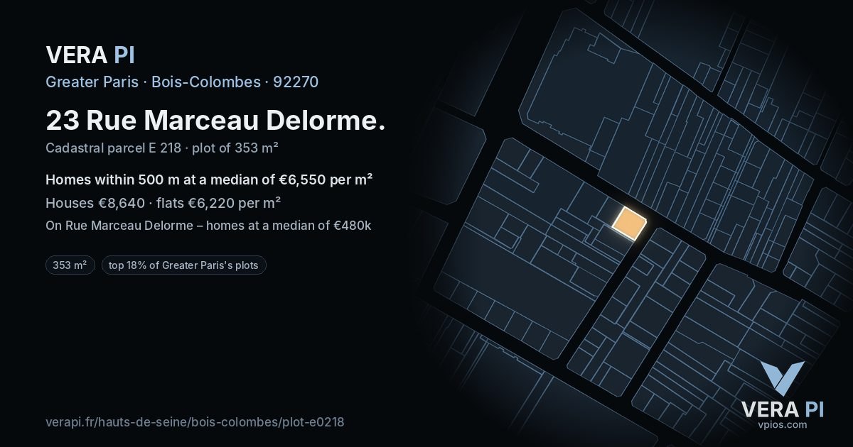 23 Rue Marceau Delorme, Bois-Colombes at night – the plot lit, the parcels around coloured by the prices near them