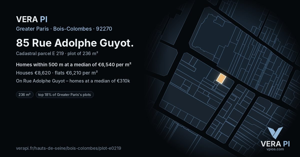 85 Rue Adolphe Guyot, Bois-Colombes at night – the plot lit, the parcels around coloured by the prices near them