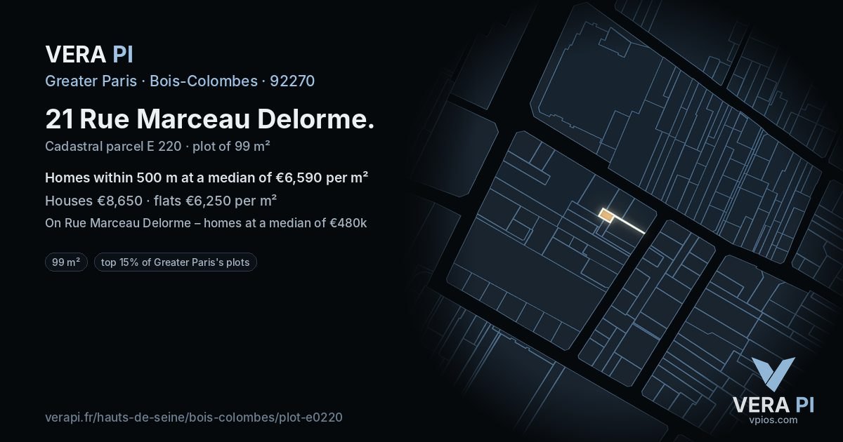21 Rue Marceau Delorme, Bois-Colombes at night – the plot lit, the parcels around coloured by the prices near them