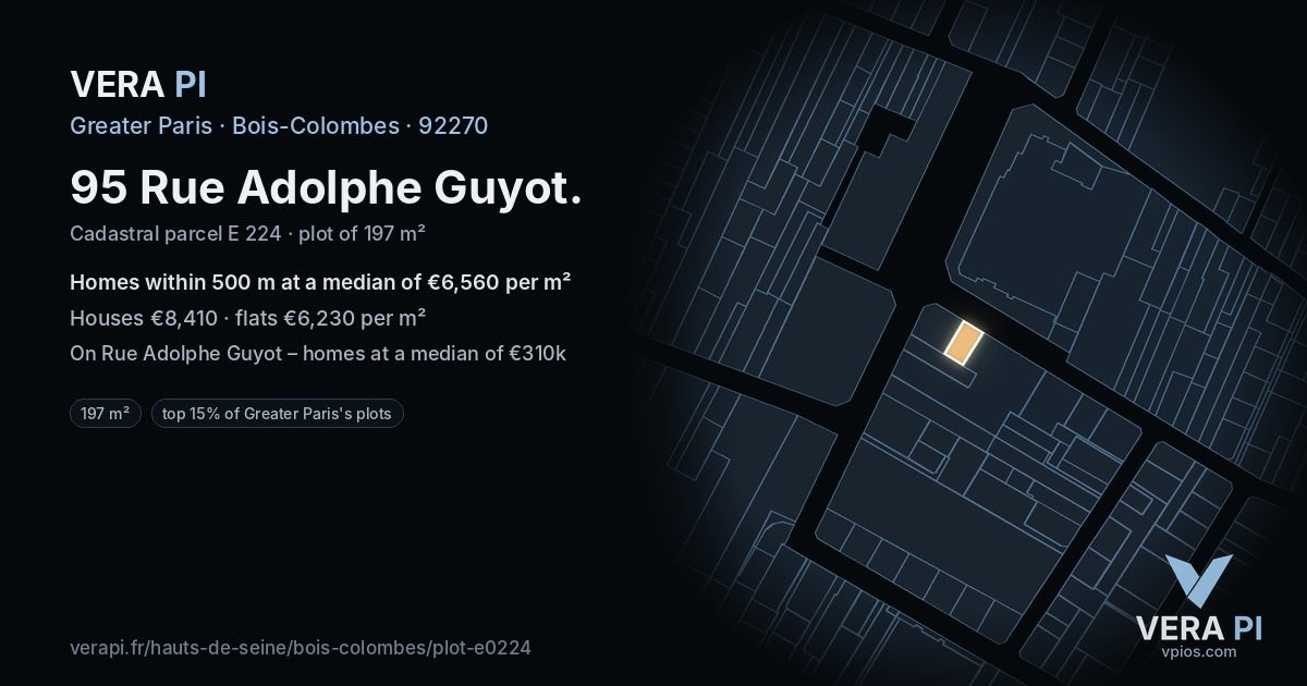 95 Rue Adolphe Guyot, Bois-Colombes at night – the plot lit, the parcels around coloured by the prices near them