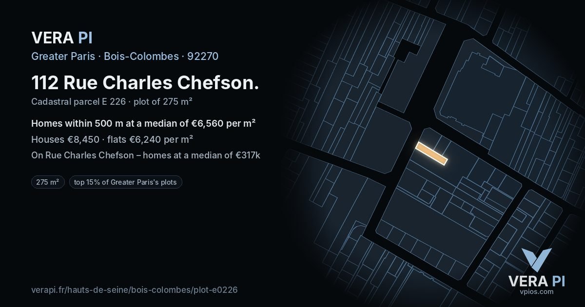 112 Rue Charles Chefson, Bois-Colombes at night – the plot lit, the parcels around coloured by the prices near them