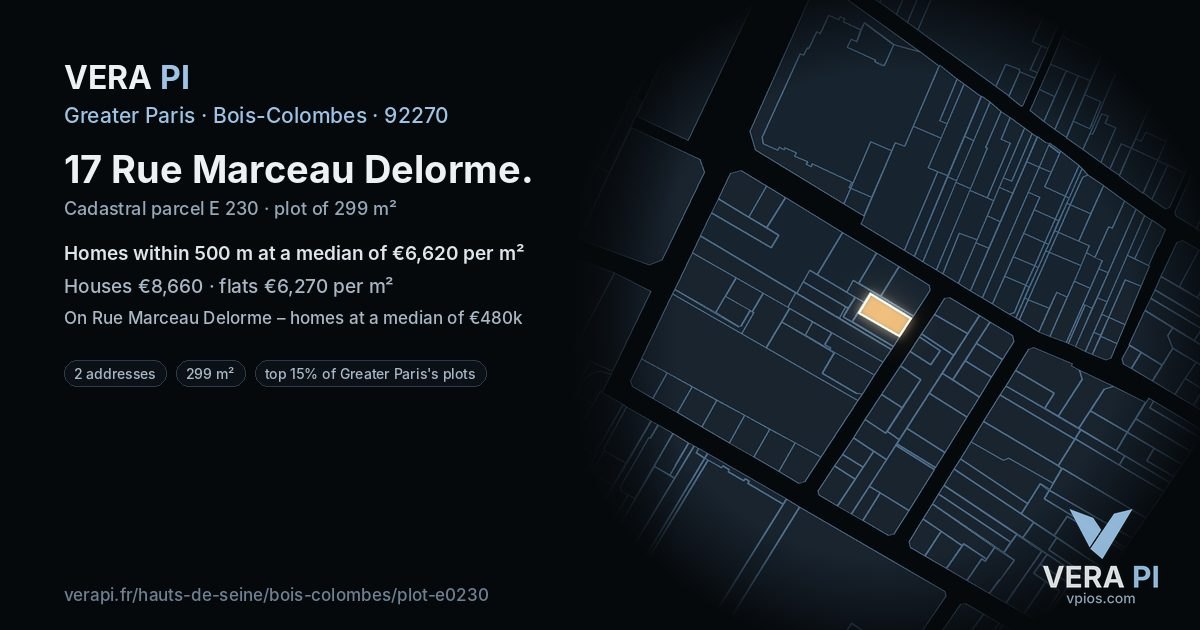 17 Rue Marceau Delorme, Bois-Colombes at night – the plot lit, the parcels around coloured by the prices near them