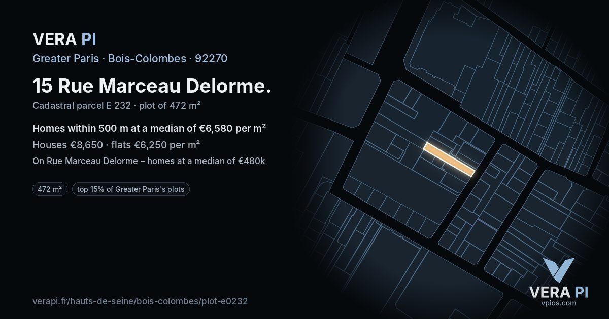 15 Rue Marceau Delorme, Bois-Colombes at night – the plot lit, the parcels around coloured by the prices near them