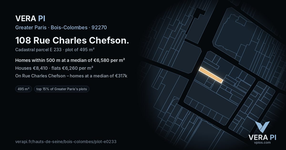 108 Rue Charles Chefson, Bois-Colombes at night – the plot lit, the parcels around coloured by the prices near them