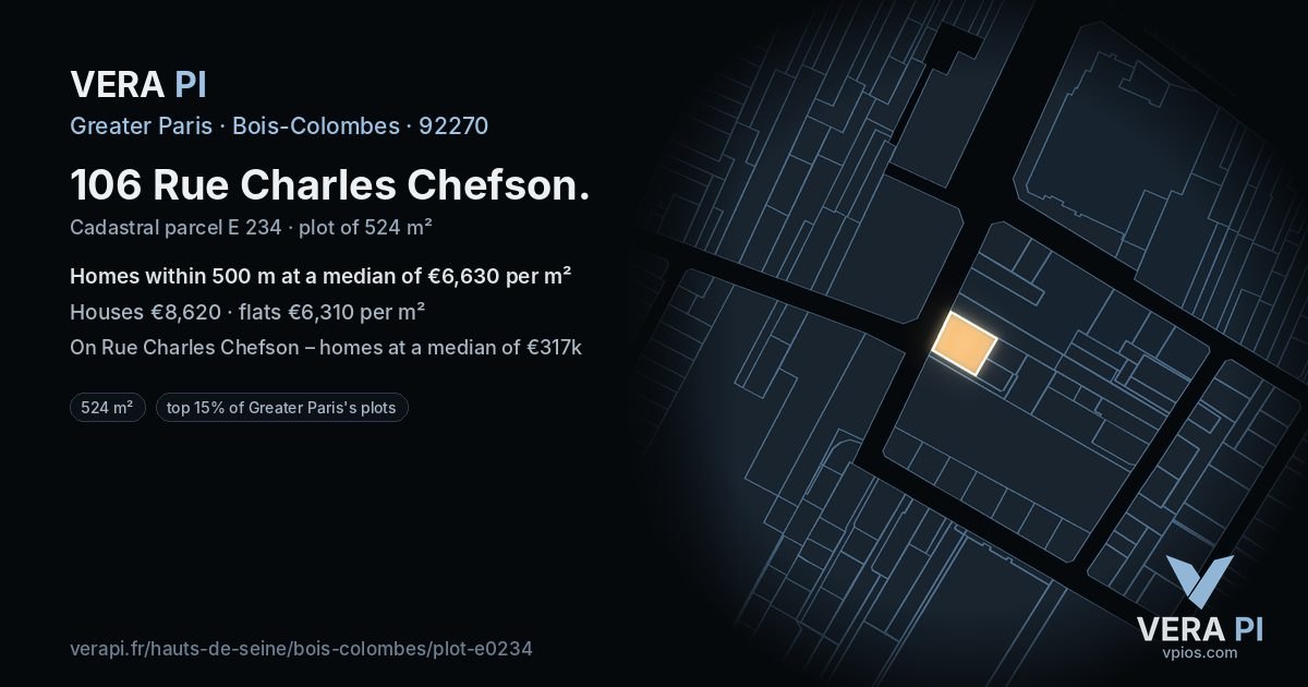 106 Rue Charles Chefson, Bois-Colombes at night – the plot lit, the parcels around coloured by the prices near them