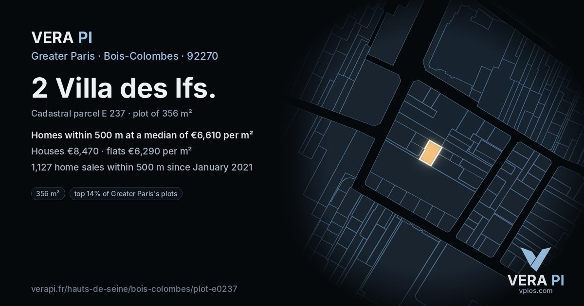 2 Villa des Ifs, Bois-Colombes at night – the plot lit, the parcels around coloured by the prices near them
