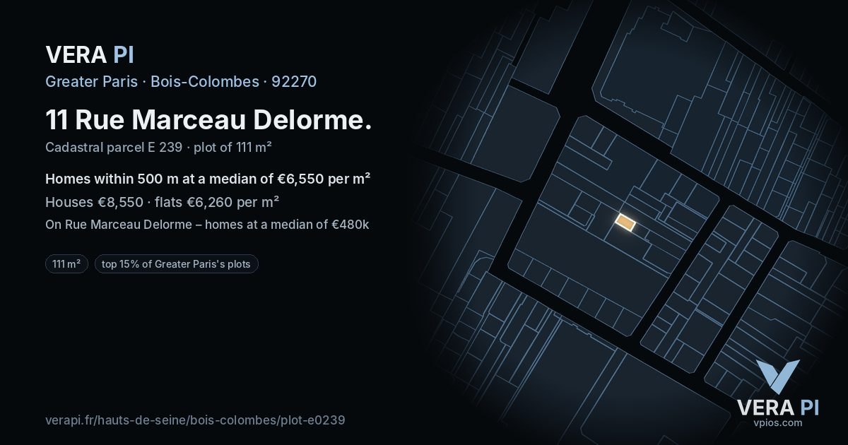 11 Rue Marceau Delorme, Bois-Colombes at night – the plot lit, the parcels around coloured by the prices near them