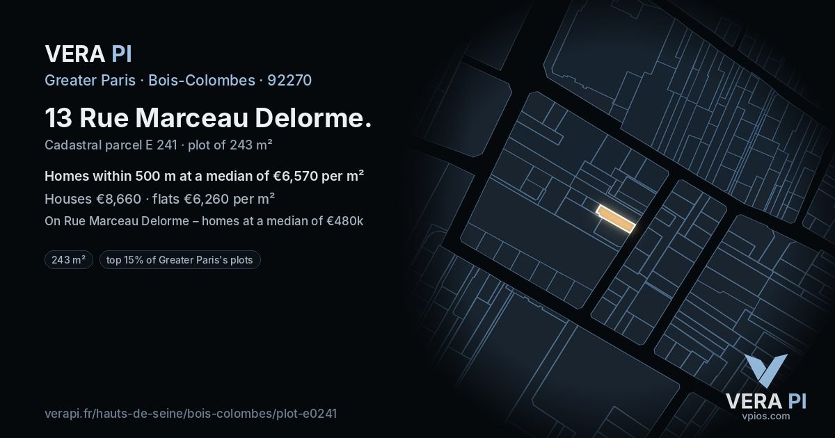 13 Rue Marceau Delorme, Bois-Colombes at night – the plot lit, the parcels around coloured by the prices near them