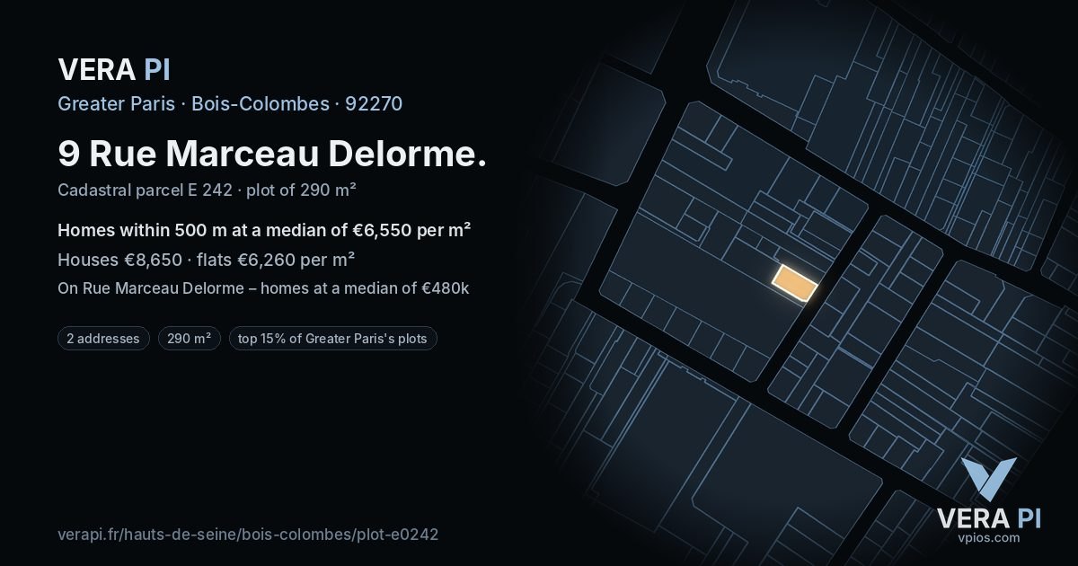 9 Rue Marceau Delorme, Bois-Colombes at night – the plot lit, the parcels around coloured by the prices near them