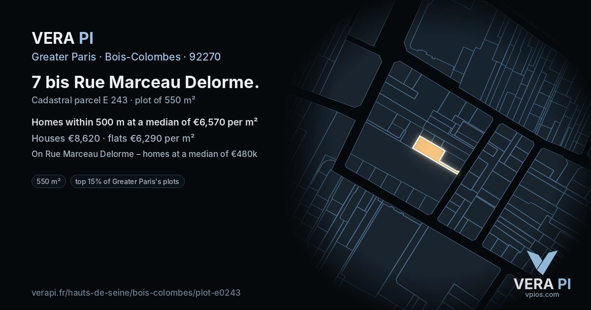 7 bis Rue Marceau Delorme, Bois-Colombes at night – the plot lit, the parcels around coloured by the prices near them
